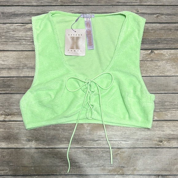 Savage X Fenty Fluorescent Green Terry Cloth Sleeveless Tie Crop Top NWT Large - Picture 7 of 10